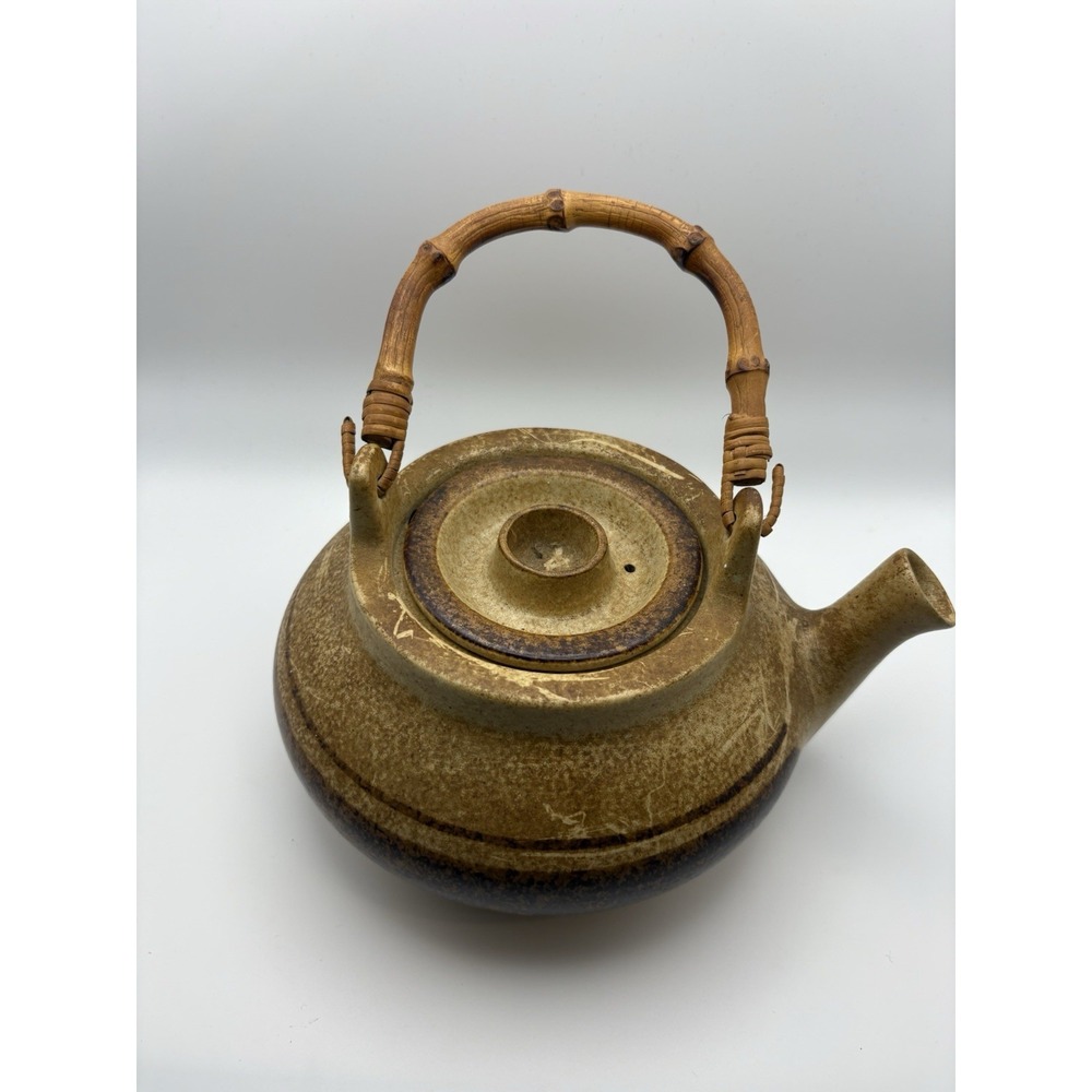 Pottery Craft USA Stoneware‎ Teapot Bamboo Handle 4 Cup #460 Vintage Earthy